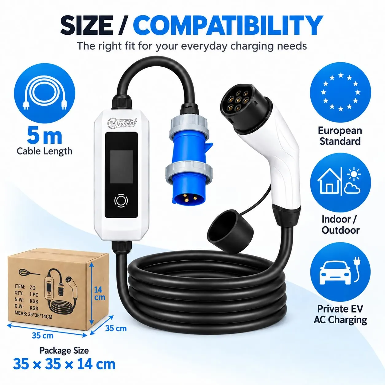 EV MASTER Portable EV Charger EU Standard, 3.5kW 7kW 11kW 22kW, 16A 32A, Single Phase 230V or Three Phase 400V, 5M Cable, IP55 Outdoor, OLED Display - image 4
