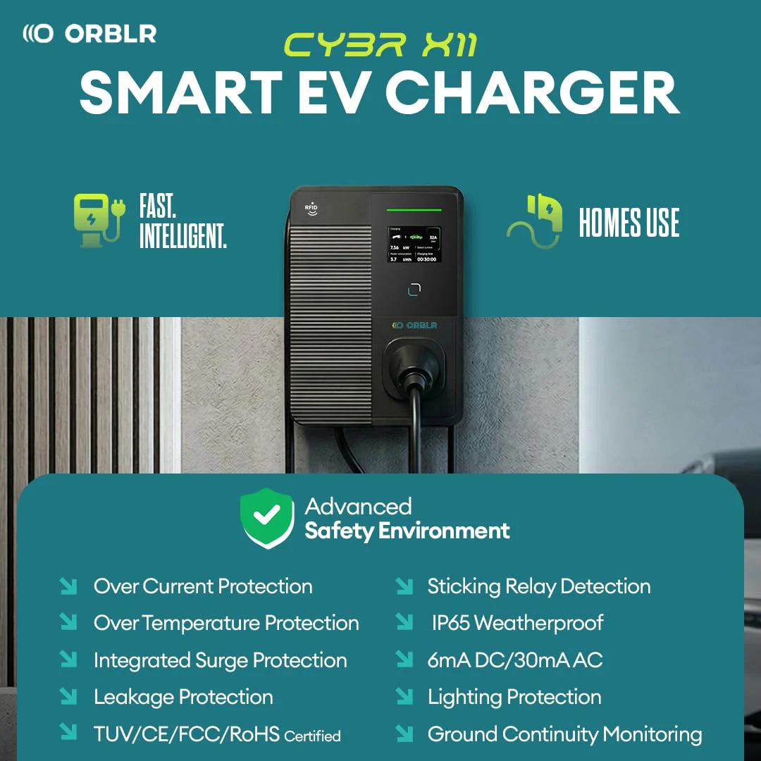 CYBR X11kW Smart EV Charger | 16A Three-Phase AC Fast Charger for Electric Cars | AMOLED Display | App & Bluetooth Control | RFID | OTA Updates | 5M TPU Cable | - image 5