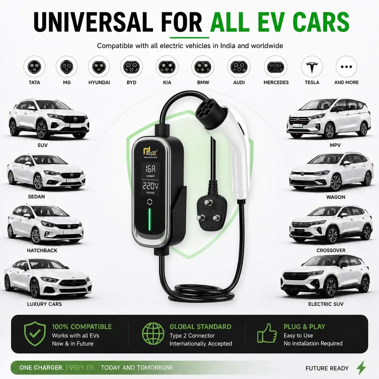 EOX® 3.6kW Portable Universal Car EV Charger | 16A Type 2 AC | 3-Pin Indian Plug | Adjustable Power | Gun Holder+Clips+Carry Bag | IP66 Weatherproof - image 5