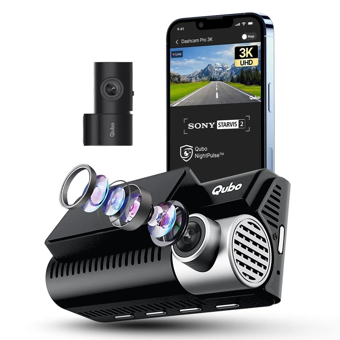 Qubo Car Dashcam Pro 3K [2026 Edition] Sony STARVIS 2 IMX675 Sensor| Dual Channel | Hero Group | NightPulse Vision | 5MP UHD Front Wide, 2MP FHD Rear | 3.2" LCD