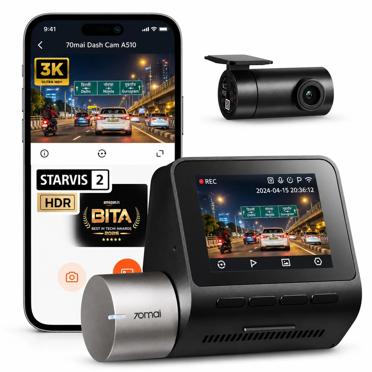 70mai A510 HDR 3K Dual Channel Dash Cam, BITA 2026 Best Dashcam Award Winner, STARVIS 2 IMX675 Sensor, ADAS, GPS Logger, MaiColor Vivid+ Night Owl Vision, App P