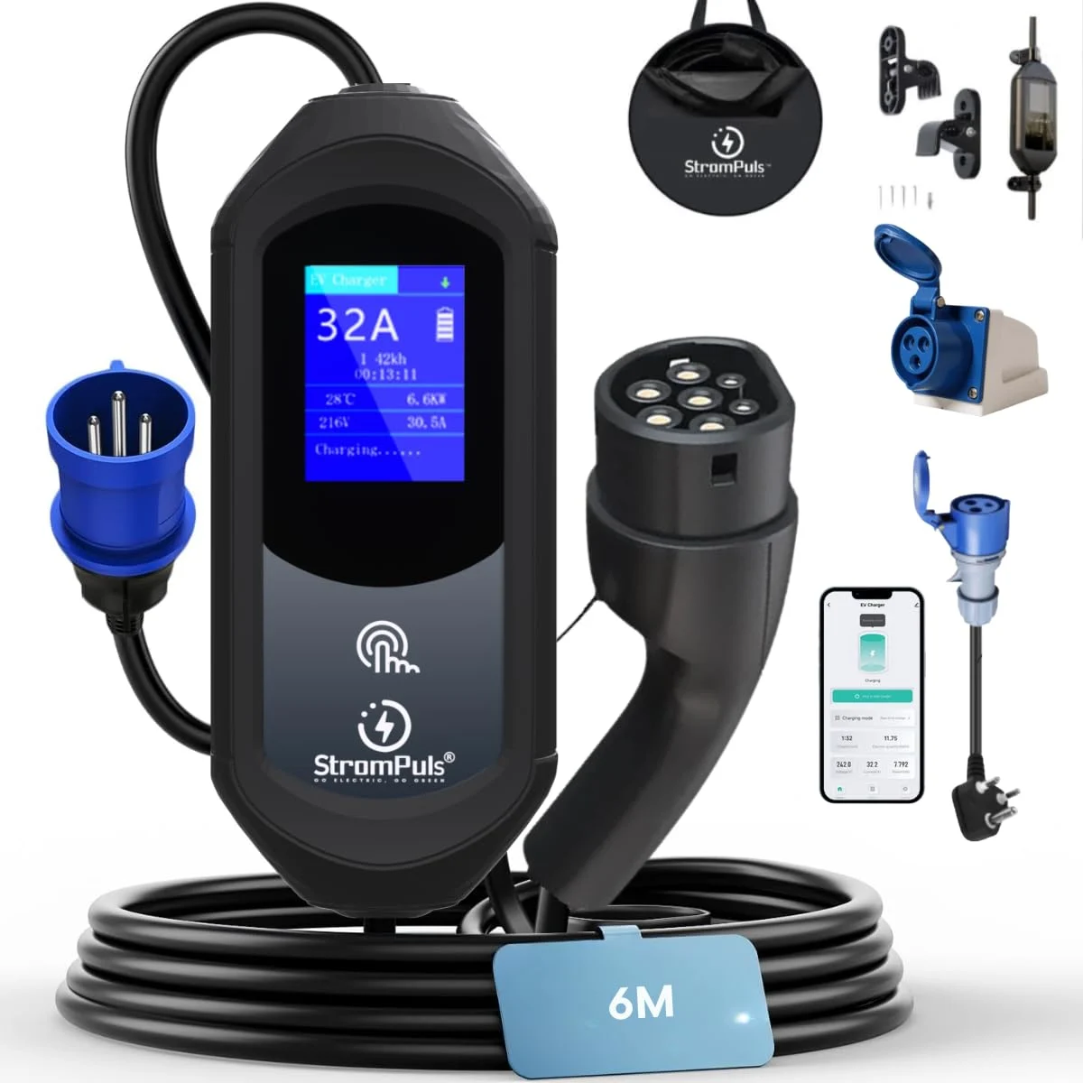 7.5 kW Portable EV Charger, Smart App, 1 Phase, 2.6inch Large Screen, IP65, 6 Meter TPU Cable, Adjustable Amp, Bag,Wall Holder Clips, Emergency