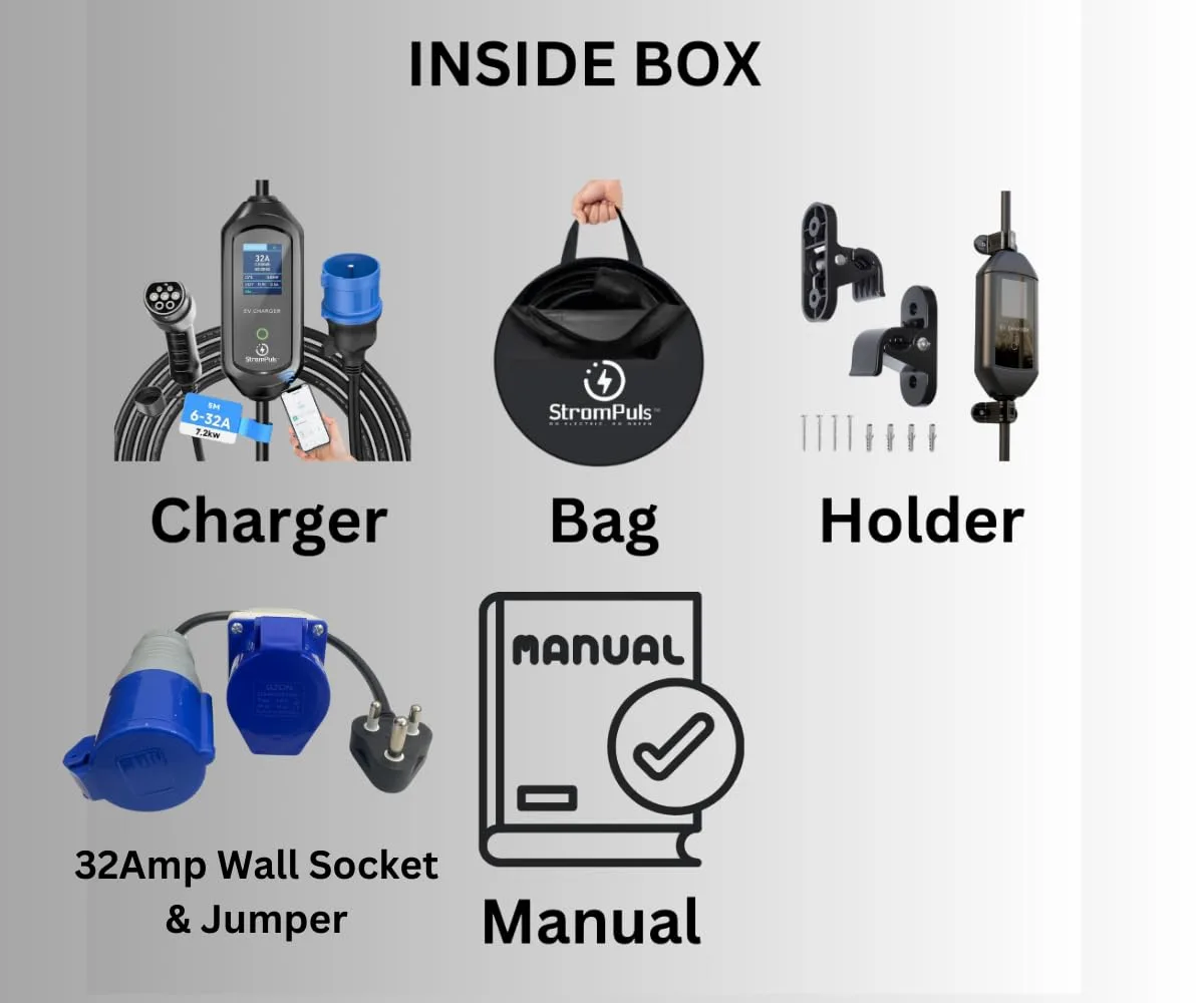 7.5 kW Portable EV Charger, Smart App, 1 Phase, 2.6inch Large Screen, IP65, 6 Meter TPU Cable, Adjustable Amp, Bag,Wall Holder Clips, Emergency - image 8
