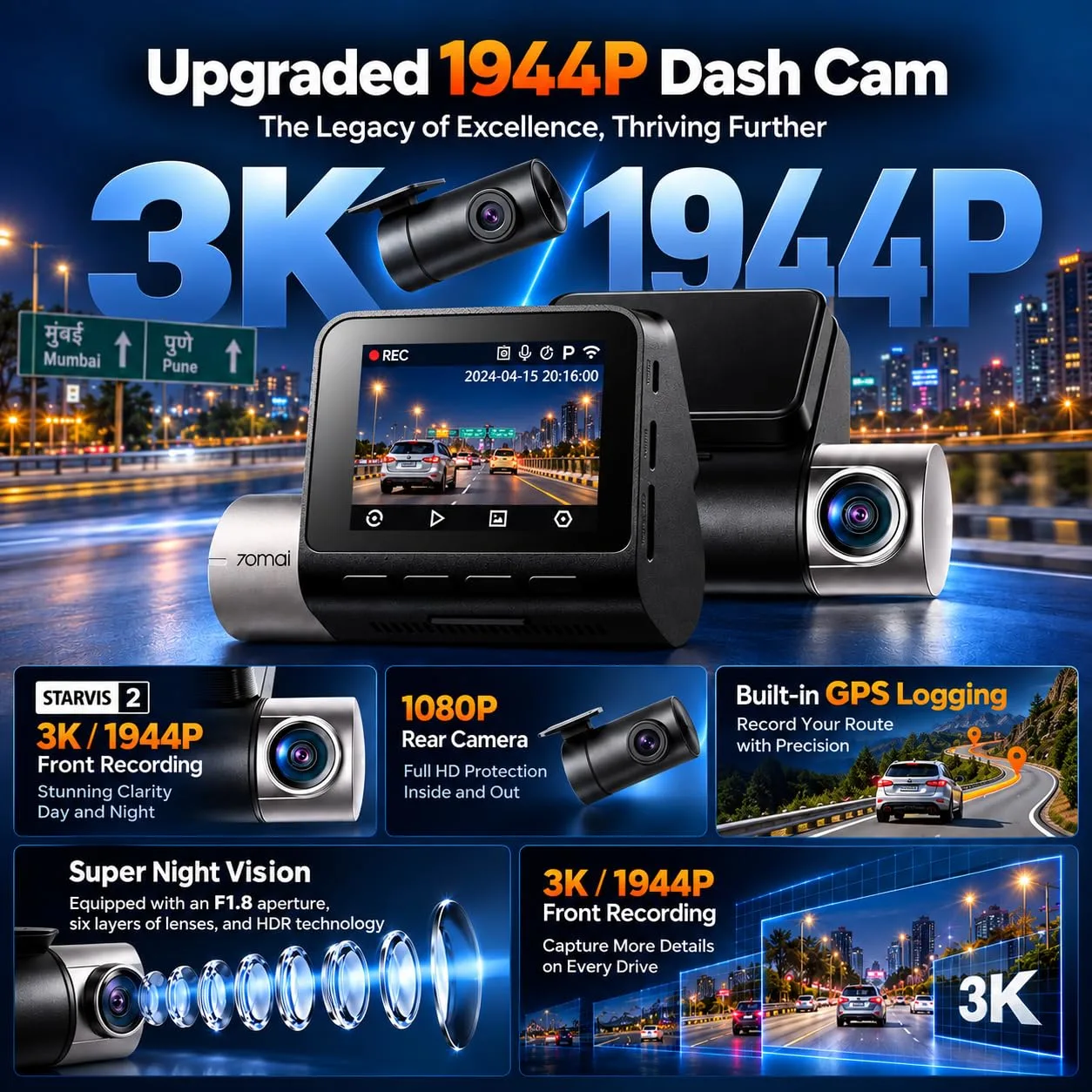 70mai A510 HDR 3K Dual Channel Dash Cam, BITA 2026 Best Dashcam Award Winner, STARVIS 2 IMX675 Sensor, ADAS, GPS Logger, MaiColor Vivid+ Night Owl Vision, App P - image 2