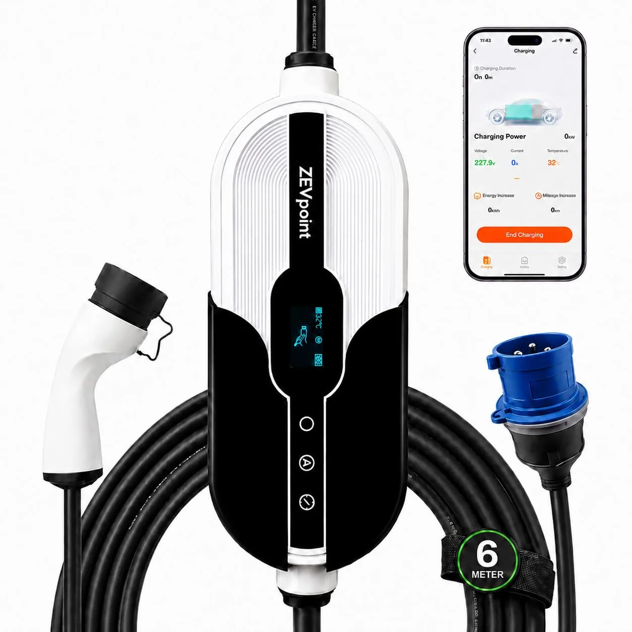 Zevpoint Aveo Pro 7.5kW Portable EV Charger for Home & Travel | Single Phase, 32A, Type 2, 6m TPU Cable | Adjustable 8-32A | App (Wi-Fi & Bluetooth), LED Screen