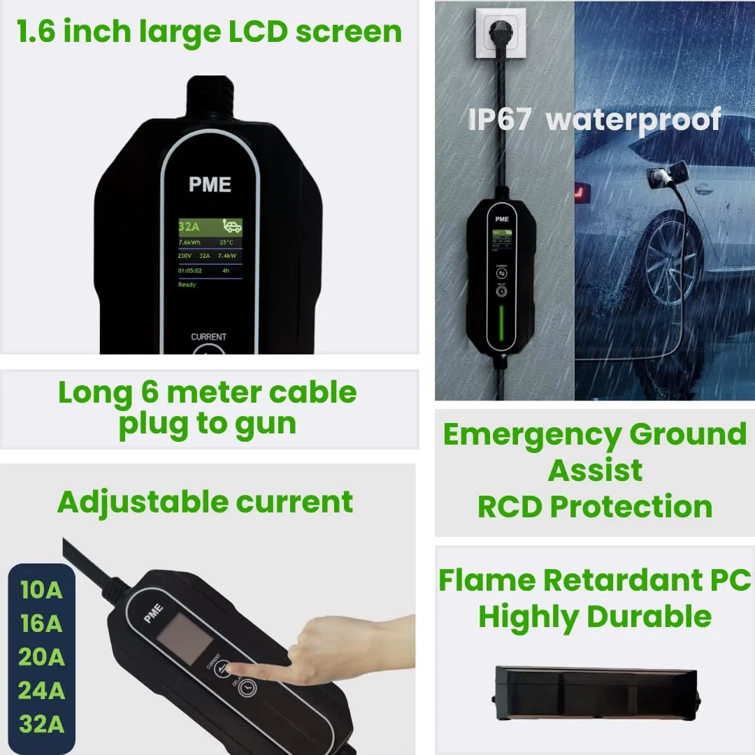 PME Portable EV Charger 7.2kW for Cars, 6m Cable, Large LCD, Adjustable Current, 32A (1 Phase), All in-Built protections | Model: HyperCharge, IP67 Waterproof - image 5