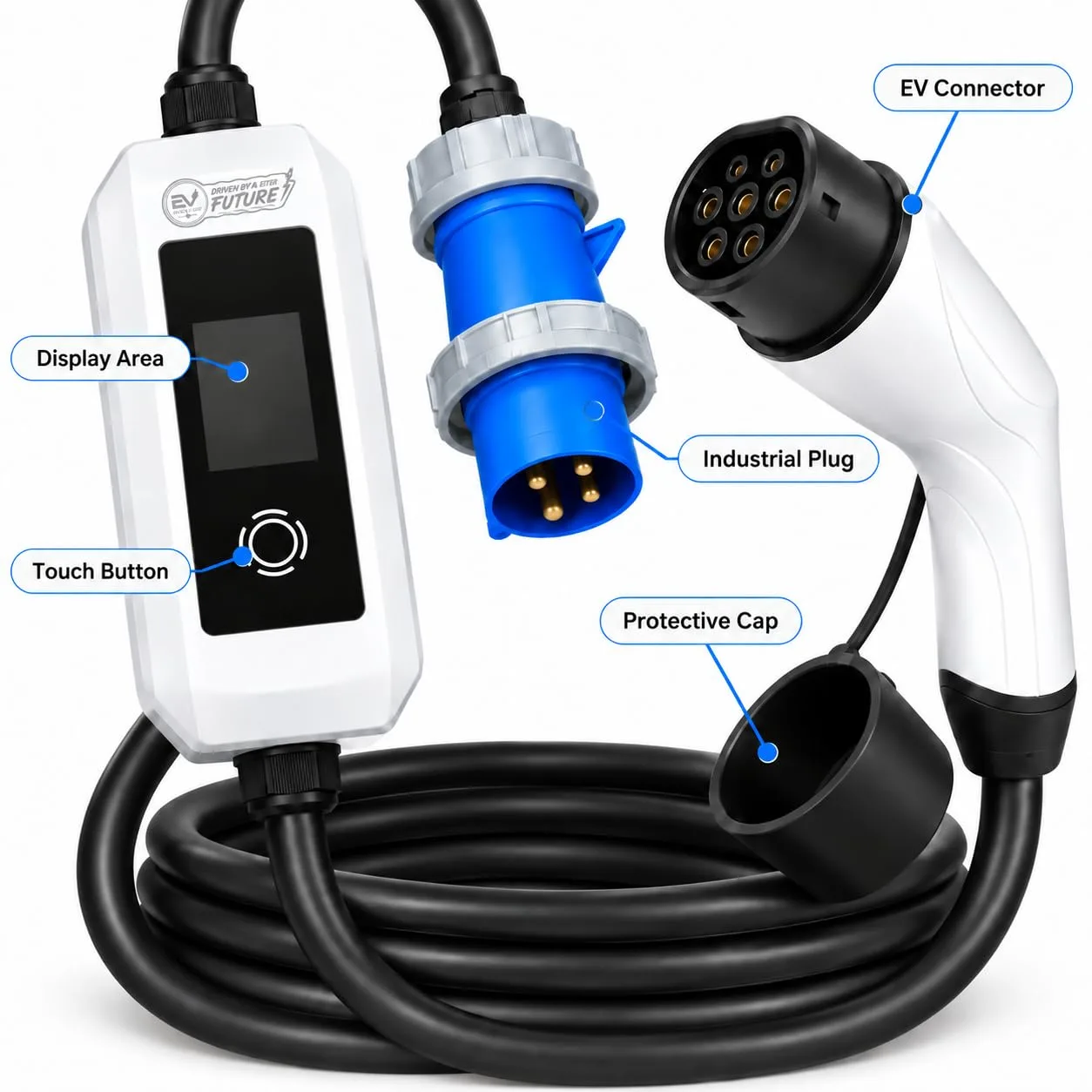 EV MASTER Portable EV Charger EU Standard, 3.5kW 7kW 11kW 22kW, 16A 32A, Single Phase 230V or Three Phase 400V, 5M Cable, IP55 Outdoor, OLED Display - image 6