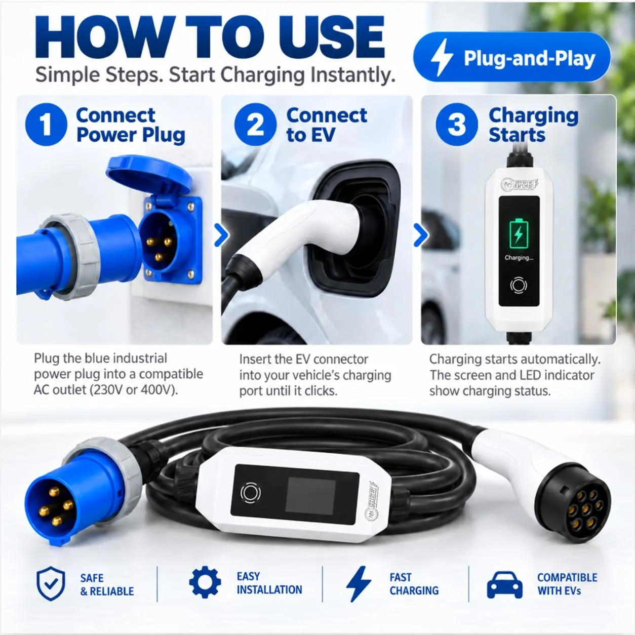 EV MASTER Portable EV Charger EU Standard, 3.5kW 7kW 11kW 22kW, 16A 32A, Single Phase 230V or Three Phase 400V, 5M Cable, IP55 Outdoor, OLED Display - image 8