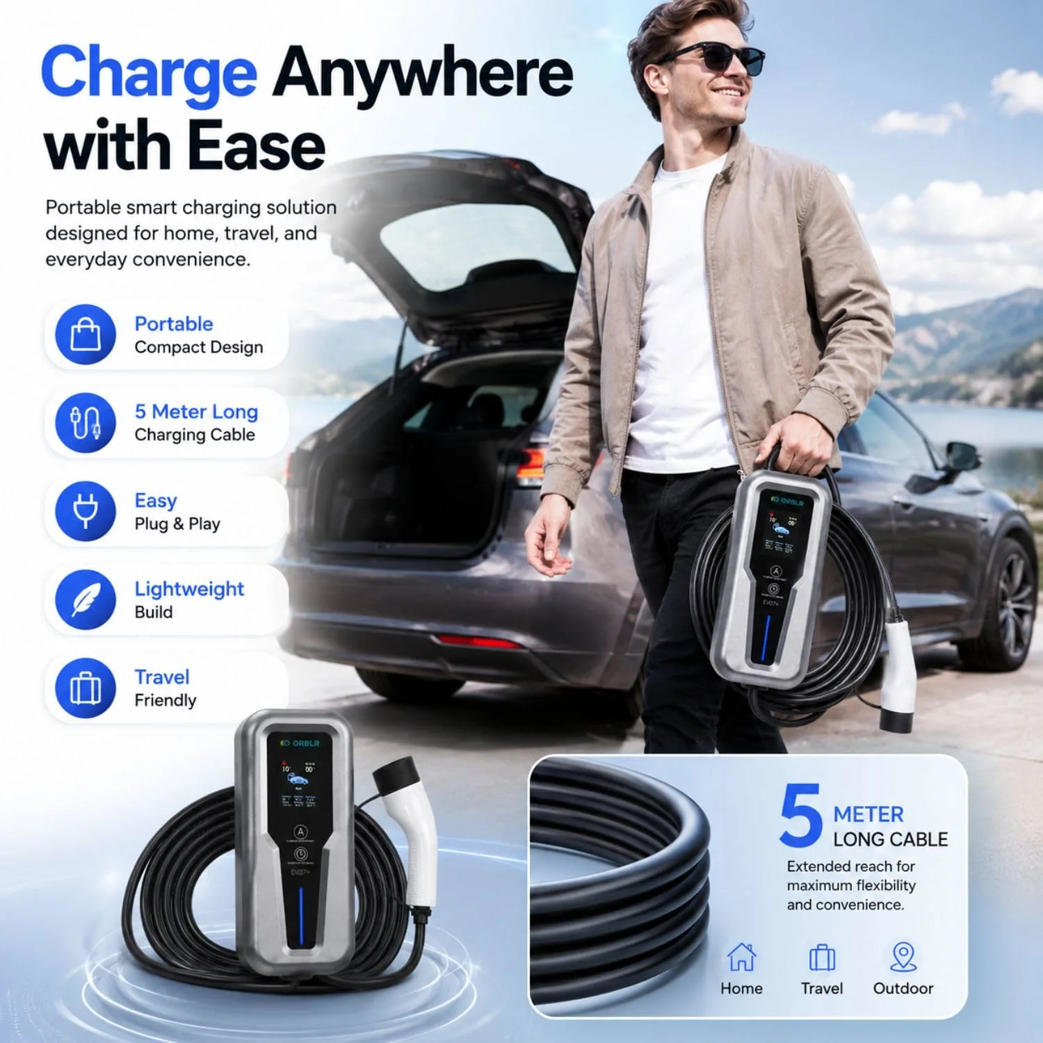 7.2kW Smart Portable EV Charger Type 2 with WiFi & Bluetooth App | 32A Adjustable Current | 1 Phase | IP65 Waterproof | LCD Display | 32A Plug | 40A MCB | Wall - image 5