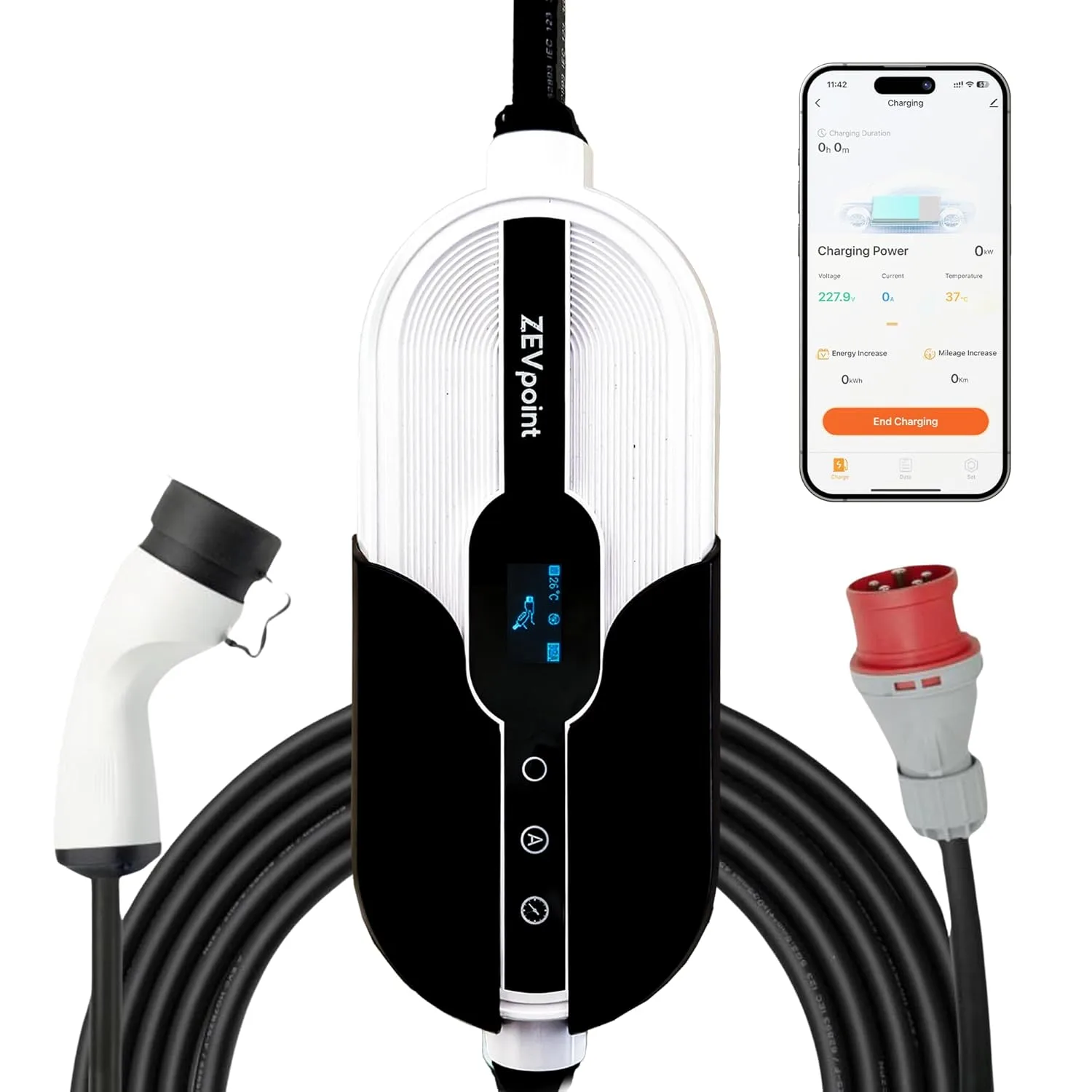 Zevpoint Aveo X1 11kW Portable EV Charger | 3-Phase 16A 5-Pin Plug, Type 2, 6m Cable | Load Control Through App | Wi-Fi & BT App, Display, OTA | CEE Socket, Bag