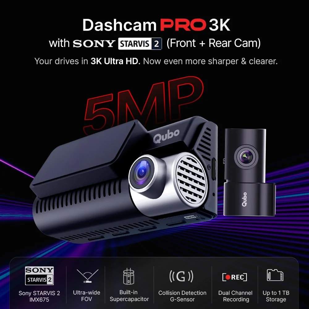 Qubo Car Dashcam Pro 3K [2026 Edition] Sony STARVIS 2 IMX675 Sensor| Dual Channel | Hero Group | NightPulse Vision | 5MP UHD Front Wide, 2MP FHD Rear | 3.2" LCD - image 2