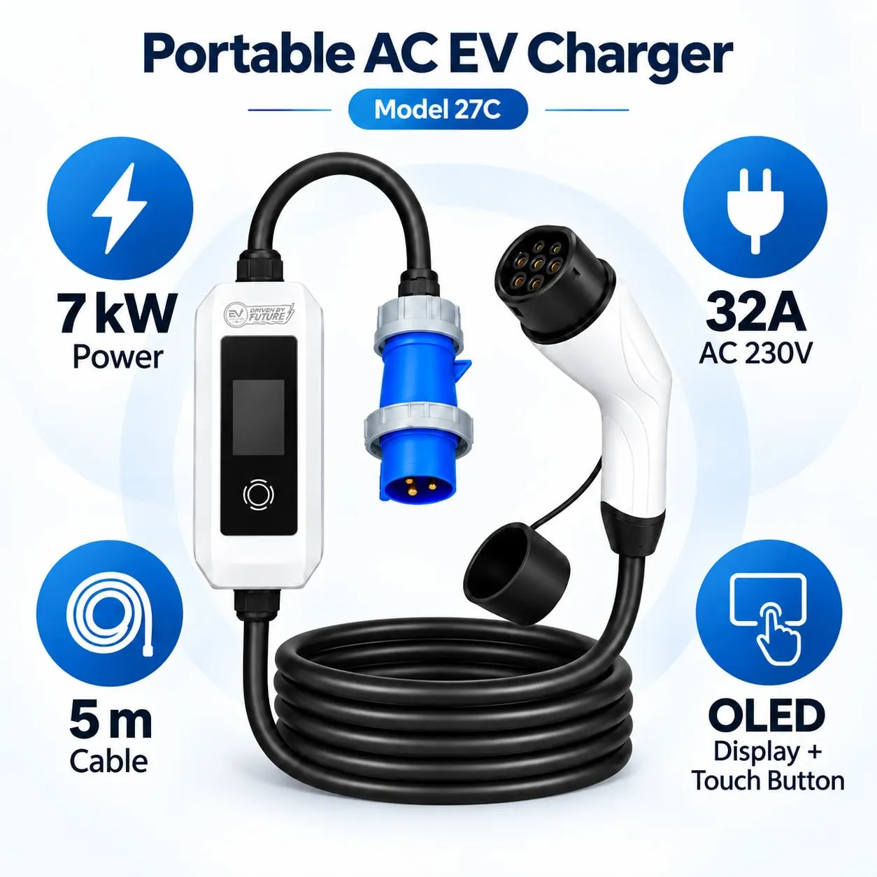 EV MASTER Portable EV Charger EU Standard, 3.5kW 7kW 11kW 22kW, 16A 32A, Single Phase 230V or Three Phase 400V, 5M Cable, IP55 Outdoor, OLED Display - image 2