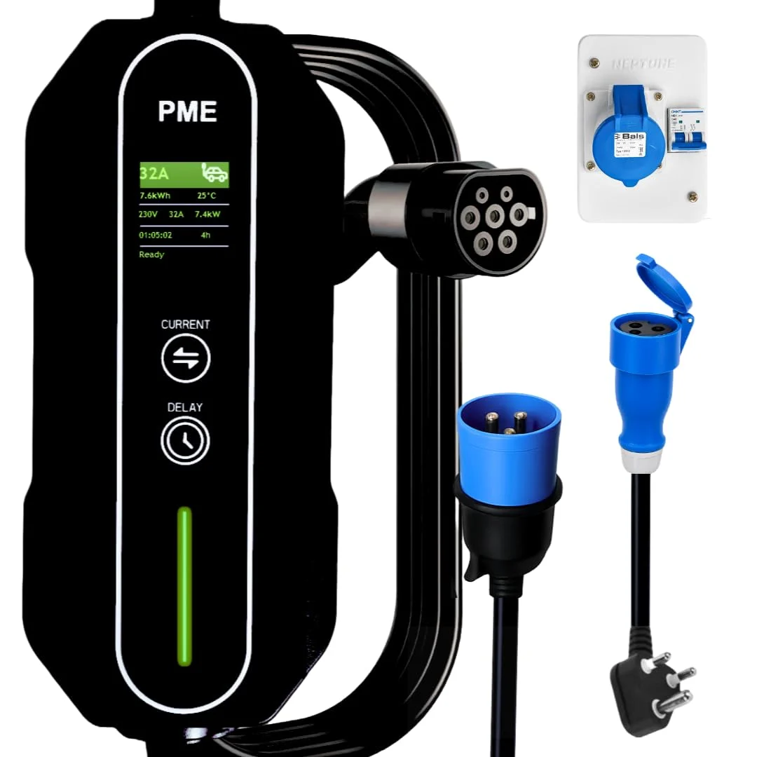 PME Portable EV Charger 7.2kW for Cars, 6m Cable, Large LCD, Adjustable Current, 32A (1 Phase), All in-Built protections | Model: HyperCharge, IP67 Waterproof