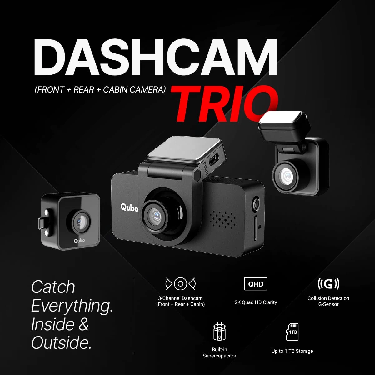 Qubo 3-Channel Dashcam Trio by Hero Group (Front+Rear+Cabin Camera) [New Launch] | 4MP | Built-in Wi-Fi & GPS | Wide FOV | IR Night Vision | App Control | Suppo - image 2