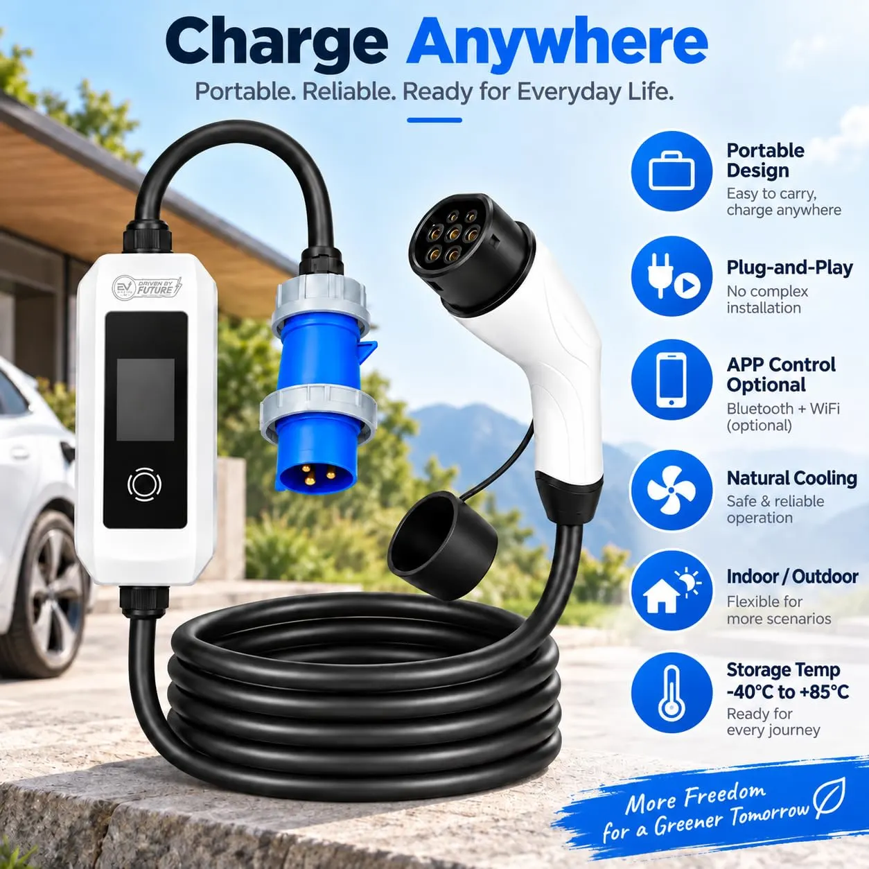 EV MASTER Portable EV Charger EU Standard, 3.5kW 7kW 11kW 22kW, 16A 32A, Single Phase 230V or Three Phase 400V, 5M Cable, IP55 Outdoor, OLED Display - image 7