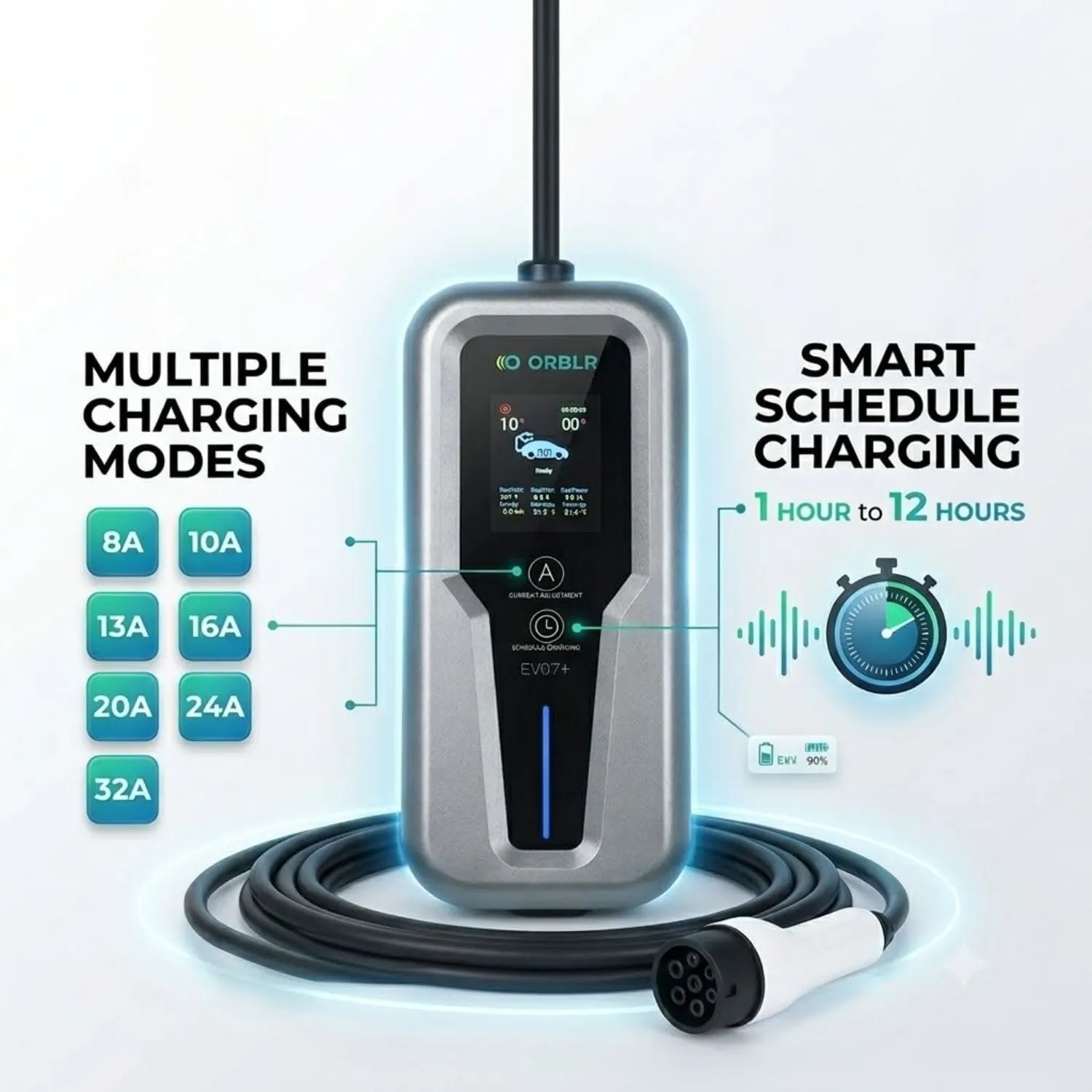 7.2kW Smart Portable EV Charger Type 2 with WiFi & Bluetooth App | 32A Adjustable Current | 1 Phase | IP65 Waterproof | LCD Display | 32A Plug | 40A MCB | Wall - image 6