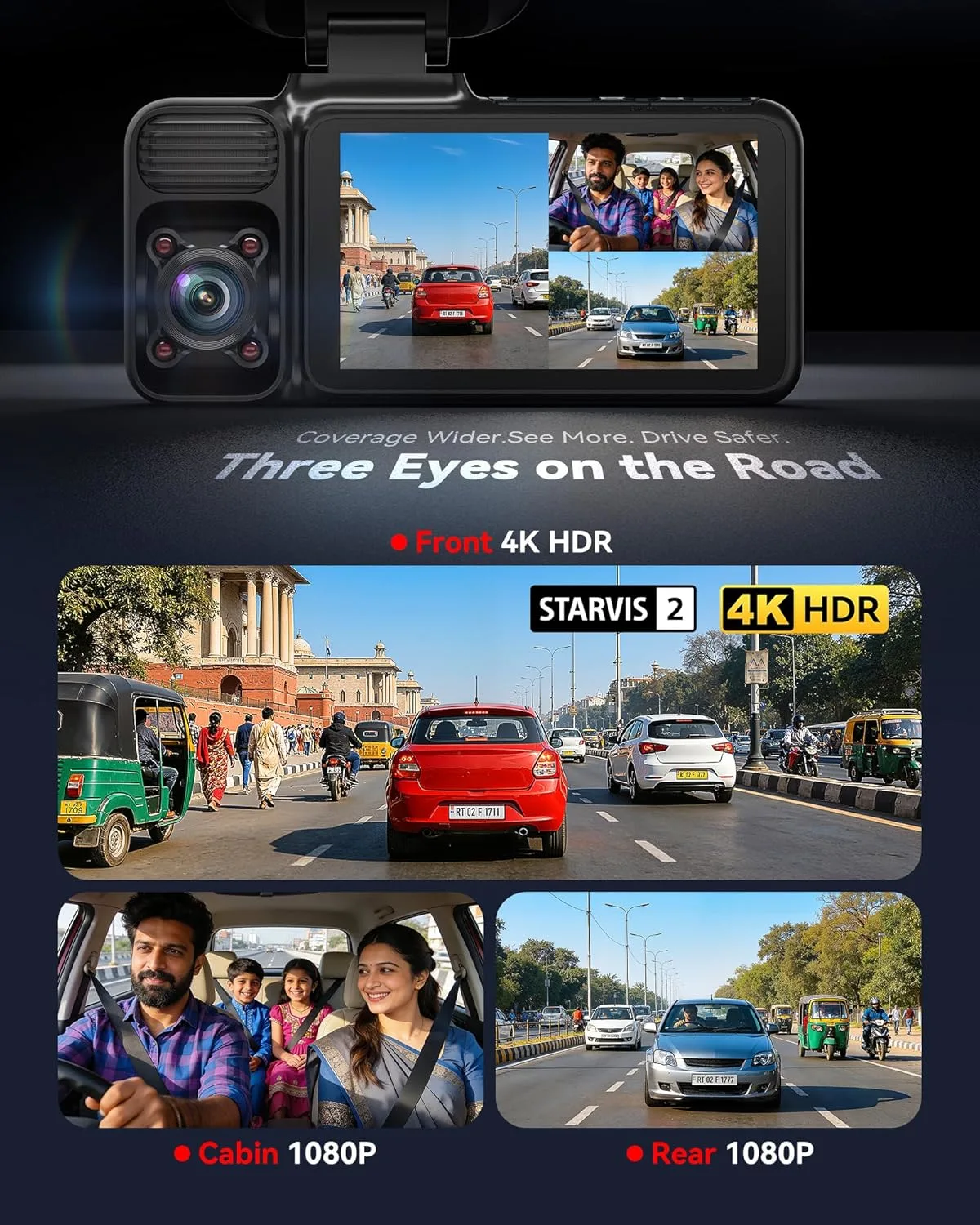 REDTIGER F17 2026 Edition 4K 3 Channel Dash Cam, Upgraded STARVIS 2 IMX675 Sensor, 4K Front+1080P Cabin+1080P Rear, 5.8G WiFi GPS, IR Night View, WDR, 512GB Max - image 2