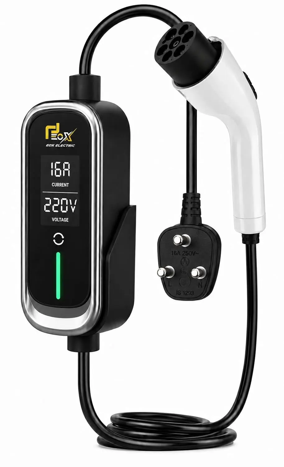 EOX® 3.6kW Portable Universal Car EV Charger | 16A Type 2 AC | 3-Pin Indian Plug | Adjustable Power | Gun Holder+Clips+Carry Bag | IP66 Weatherproof