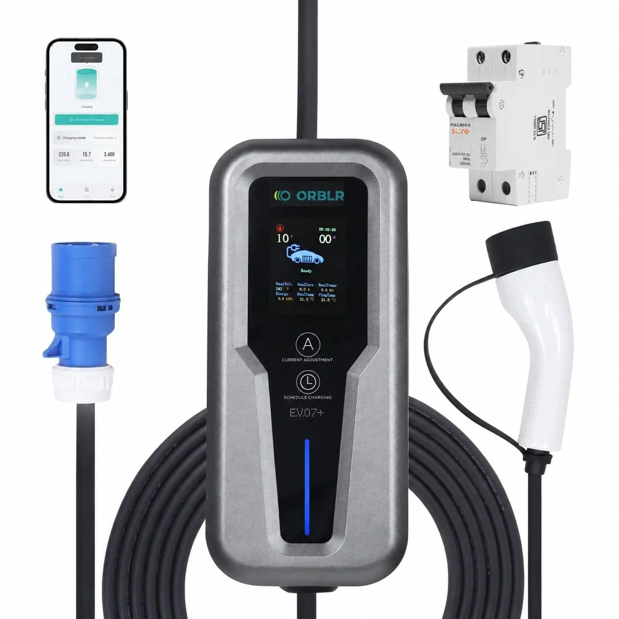 7.2kW Smart Portable EV Charger Type 2 with WiFi & Bluetooth App | 32A Adjustable Current | 1 Phase | IP65 Waterproof | LCD Display | 32A Plug | 40A MCB | Wall