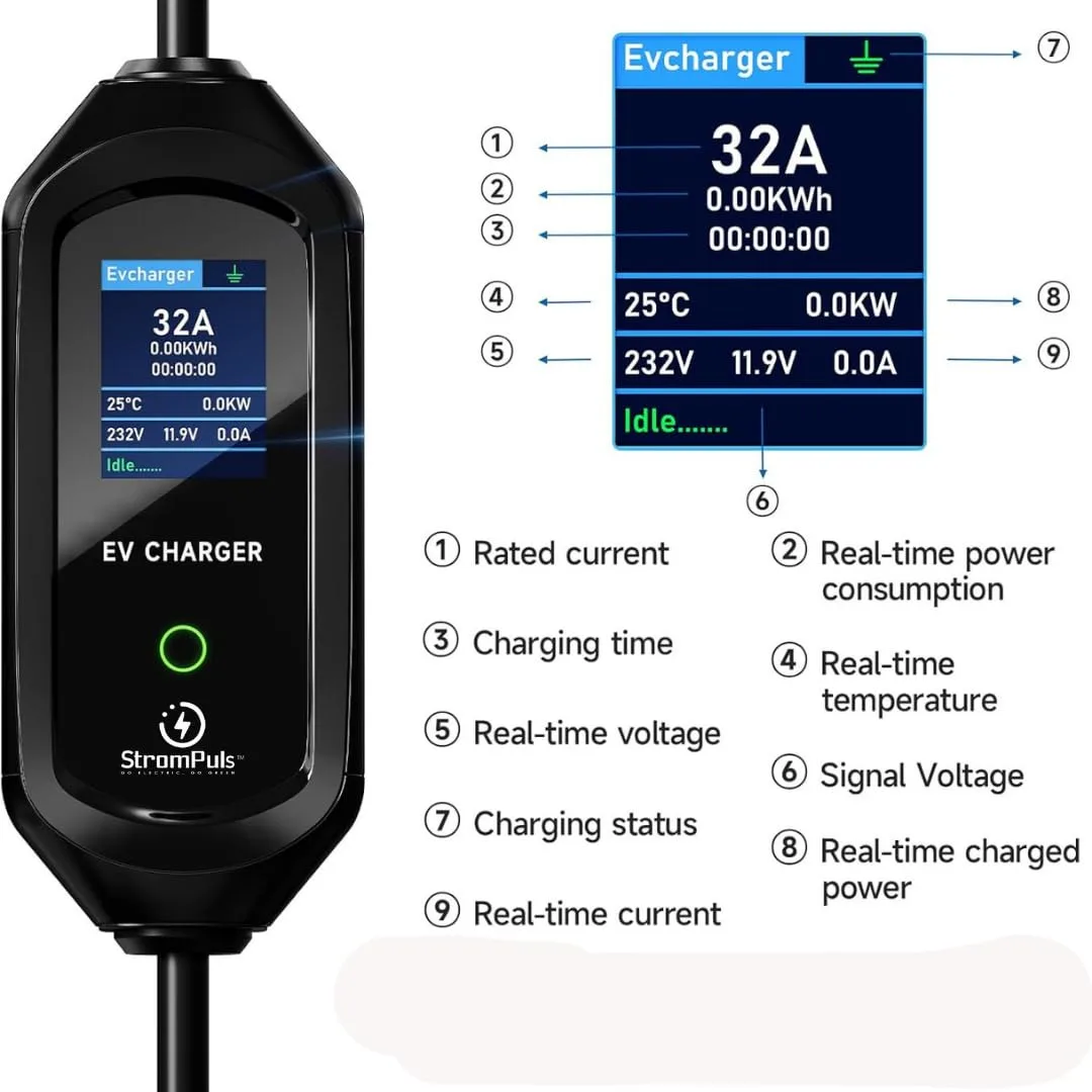 7.5 kW Portable EV Charger, Smart App, 1 Phase, 2.6inch Large Screen, IP65, 6 Meter TPU Cable, Adjustable Amp, Bag,Wall Holder Clips, Emergency - image 4