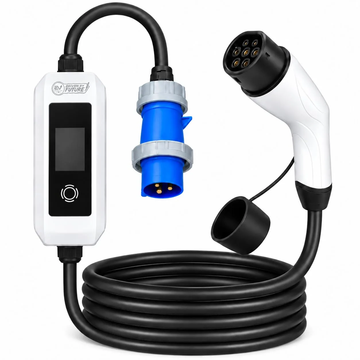 EV MASTER Portable EV Charger EU Standard, 3.5kW 7kW 11kW 22kW, 16A 32A, Single Phase 230V or Three Phase 400V, 5M Cable, IP55 Outdoor, OLED Display