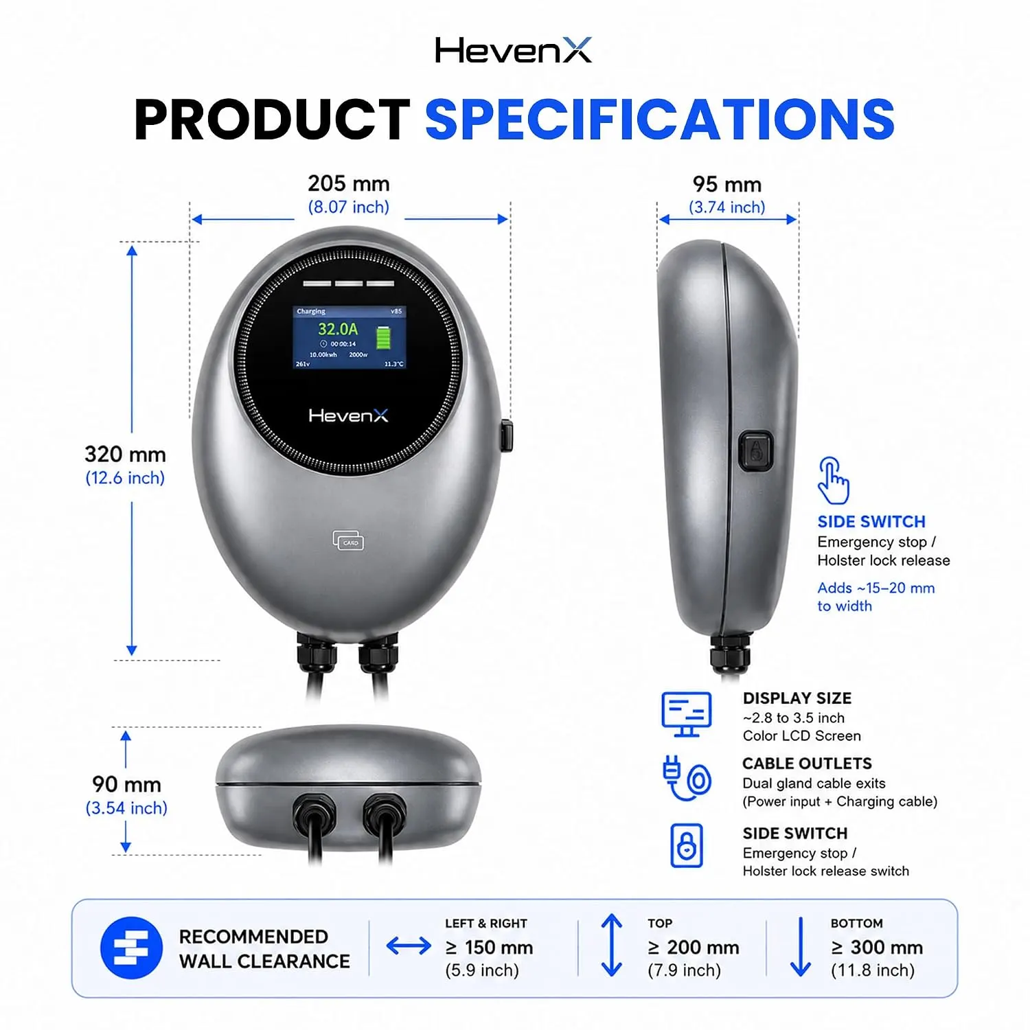 DP20 22kW EV Wallbox Charger, Type 2, 3 Phase 32A | RFID Card + Tuya App, IP65 Rated | 5-Way Safety Protection, Emergency Stop, 5m Cable, 2-Yr Warranty - image 2