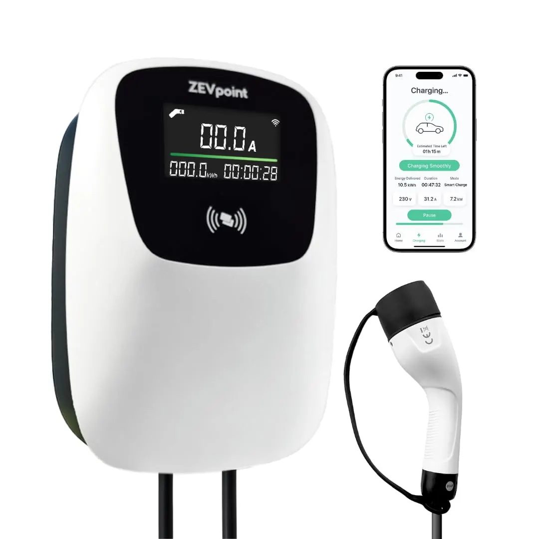 Zevpoint Polar Pro 7.5kW Home EV Charger for Cars | 1-Phase, Type 2, 5m TPU Cable | Wall-Mount | Load Control Through App | App (Wi-Fi & BT), RFID, Display, OTA