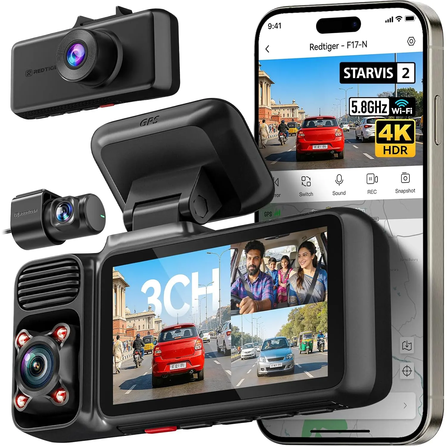 REDTIGER F17 2026 Edition 4K 3 Channel Dash Cam, Upgraded STARVIS 2 IMX675 Sensor, 4K Front+1080P Cabin+1080P Rear, 5.8G WiFi GPS, IR Night View, WDR, 512GB Max