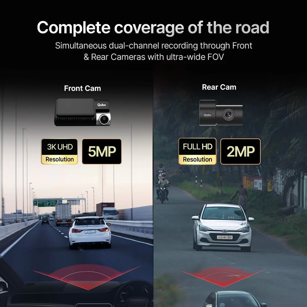 Qubo Car Dashcam Pro 3K [2026 Edition] Sony STARVIS 2 IMX675 Sensor| Dual Channel | Hero Group | NightPulse Vision | 5MP UHD Front Wide, 2MP FHD Rear | 3.2" LCD - image 5
