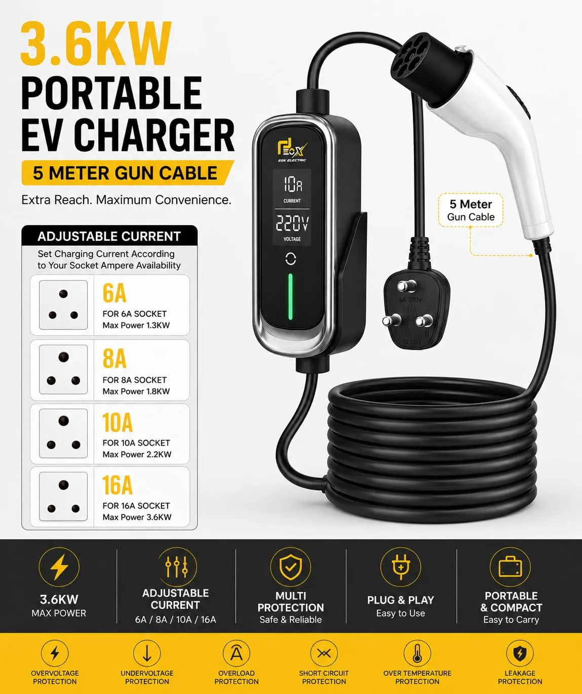 EOX® 3.6kW Portable Universal Car EV Charger | 16A Type 2 AC | 3-Pin Indian Plug | Adjustable Power | Gun Holder+Clips+Carry Bag | IP66 Weatherproof - image 6