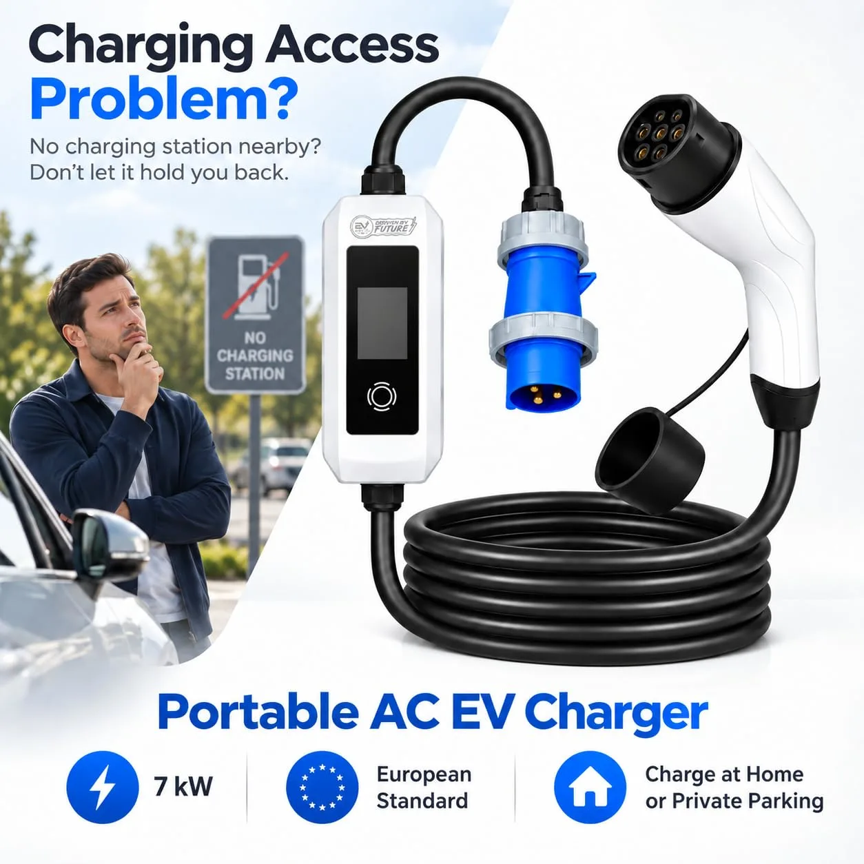 EV MASTER Portable EV Charger EU Standard, 3.5kW 7kW 11kW 22kW, 16A 32A, Single Phase 230V or Three Phase 400V, 5M Cable, IP55 Outdoor, OLED Display - image 3