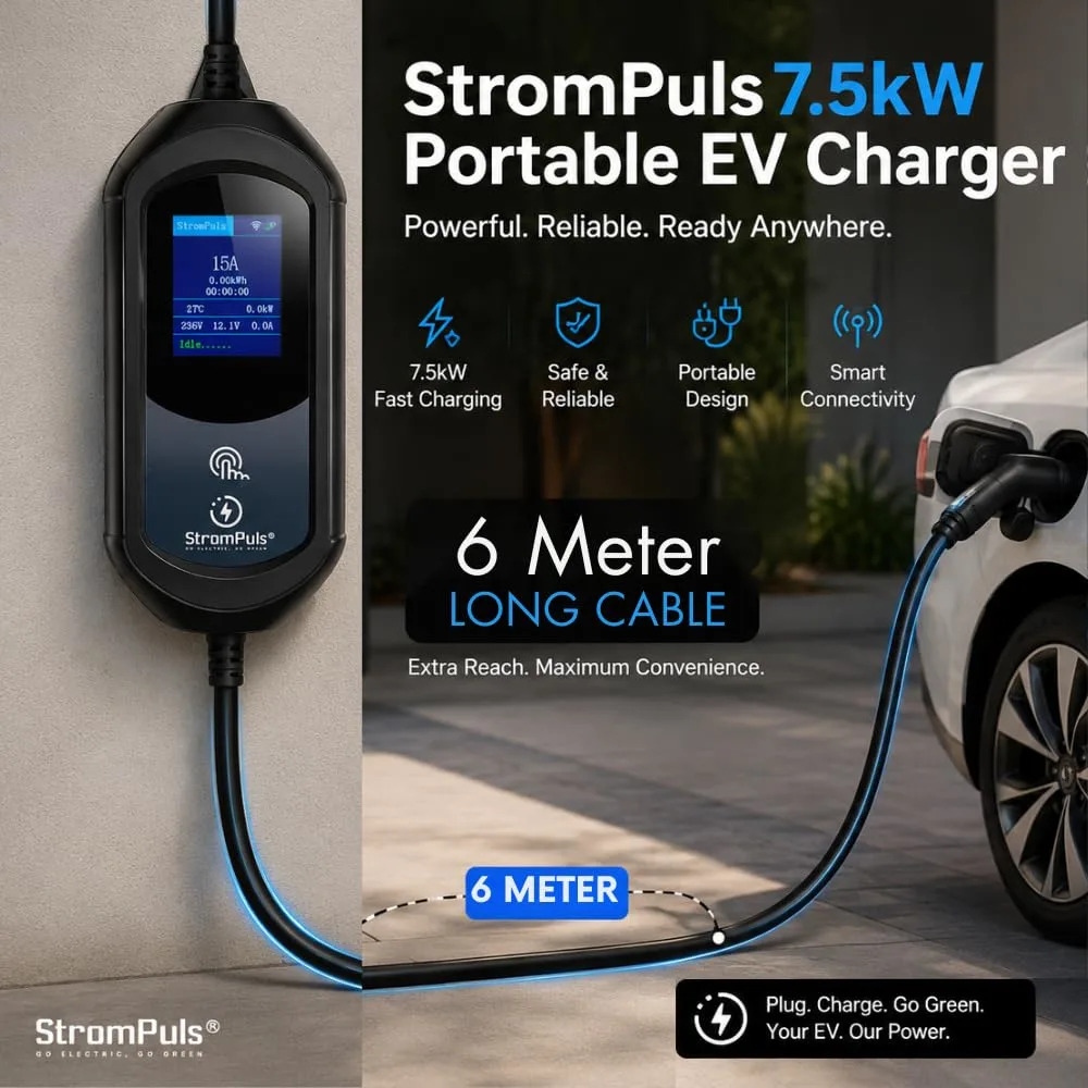 7.5 kW Portable EV Charger, Smart App, 1 Phase, 2.6inch Large Screen, IP65, 6 Meter TPU Cable, Adjustable Amp, Bag,Wall Holder Clips, Emergency - image 2