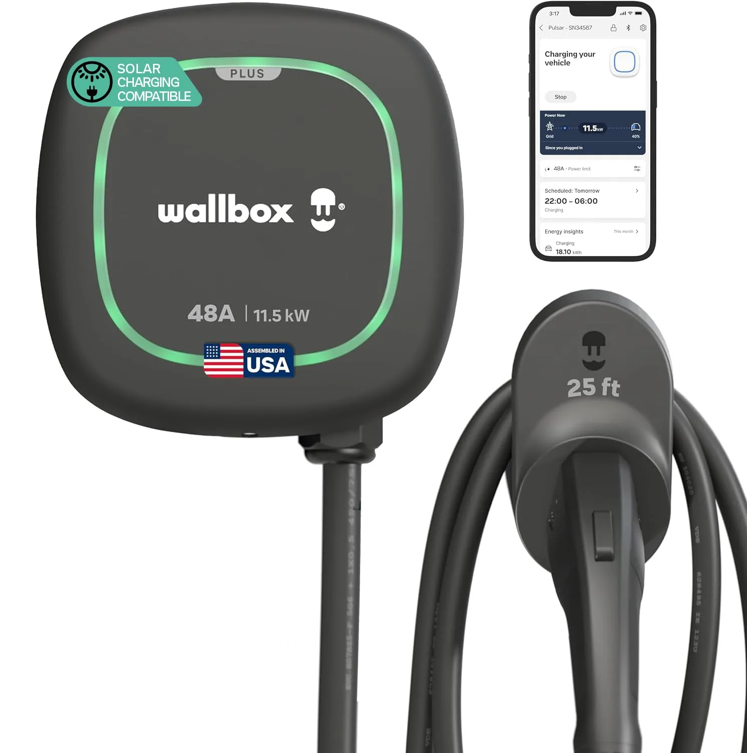 Wallbox Pulsar Plus Level 2 Smart Electric Vehicle Charger - Ultra Compact, WiFi, Bluetooth, Alexa/Google Home, Energy Star and UL Certified, 25ft Cord