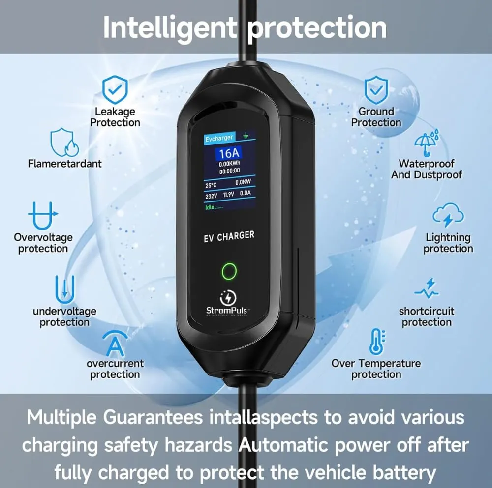 7.5 kW Portable EV Charger, Smart App, 1 Phase, 2.6inch Large Screen, IP65, 6 Meter TPU Cable, Adjustable Amp, Bag,Wall Holder Clips, Emergency - image 5